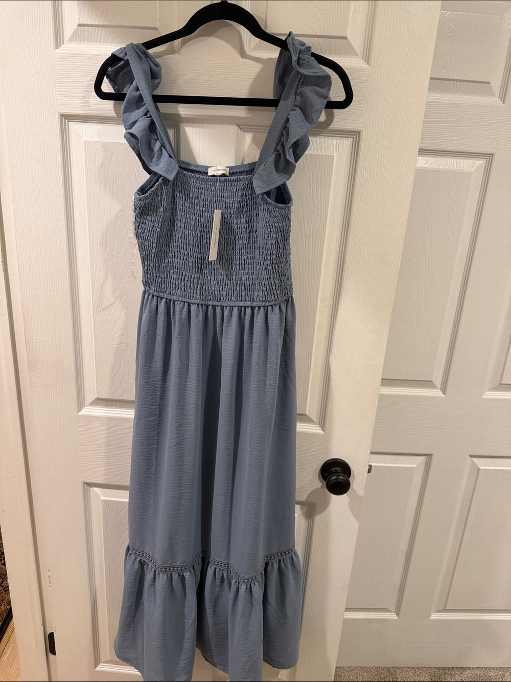 Smocked Ruffle-Strap Maxi Dress in Dusty Blue